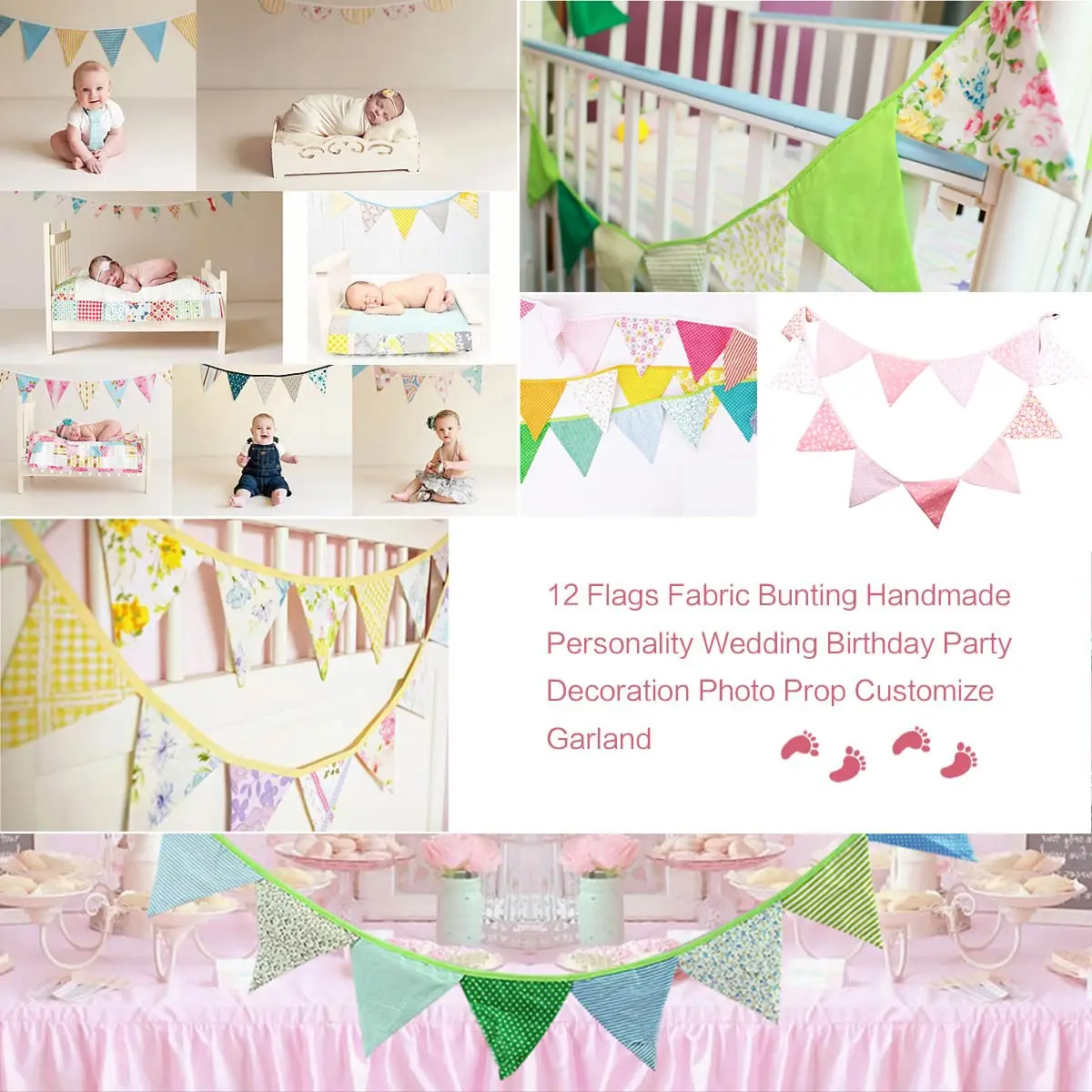 12 Flags Fabric Bunting Handmade Personality Wedding Birthday Party Decoration Photo Prop Customize Garland DIN889