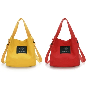 

2 Pcs Fashion Women'S Canvas Handbag Shoulder Bag Tote Purse Cute Travel Bucket Bag, Red & Yellow