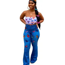 Осенние Женские джинсы-клеш с вышивкой и бабочкой, повседневные обтягивающие женские джинсы деним брюки-клеш