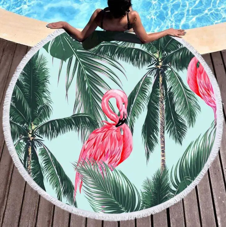 

Round Beach Towel with Tassel Pink Flamingo Palm Leaf Flower Microfiber Towel Travel Picnic Blanket Yoga Mat Tapestry style-5