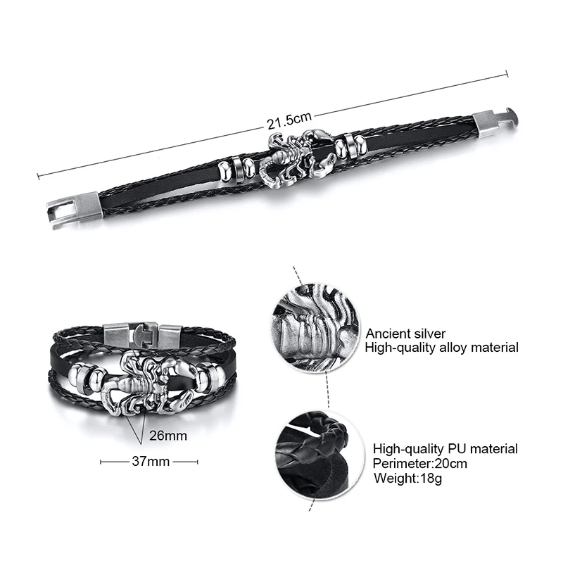 Vnox Vintage Scorpion Charm Bracelets for Men Layered Leather Bangle Gents Male Casual Jewelry - Image 6