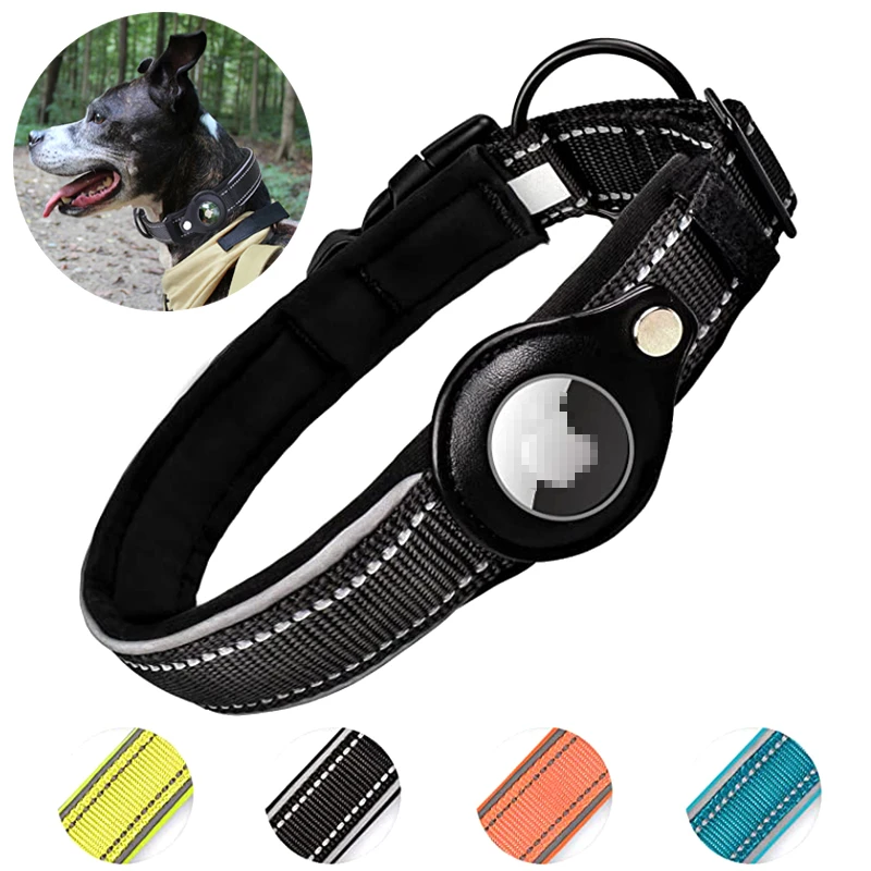 Leather Dog Collar with Air Tag Case Dog Collar tag Holder（Black Air Tag Dog Collar Holder for Pets Adjustable Air Tag Holder Loop Dog Collar for Dogs 