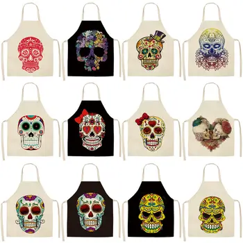 

1Pcs Skull Pattern Kitchen Apron for Cooking Sleeveless Cotton Linen Aprons Adult Bibs Home Cleaning Accessories 53*65cm MC0026