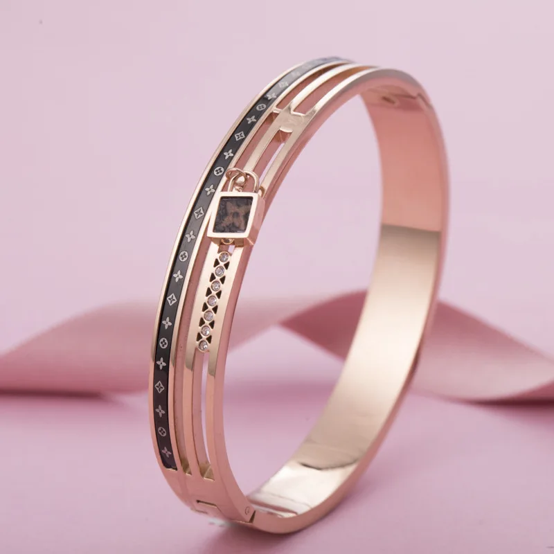 

Luxurious high quality titanium bangle cuff fine lock fashion jewelry flower bracelet wristband rose gold wristlet jewel gifts