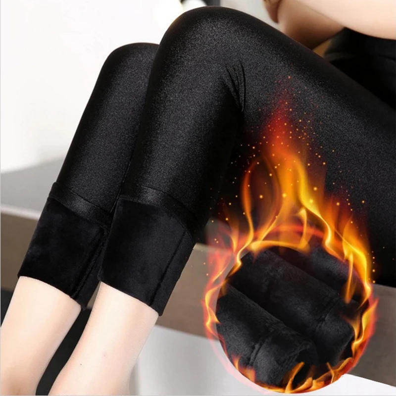 Зимние женские теплые кашемировые брюки для девушек размера плюс S-3XL леггинсы плотные черные блестящие тонкие Стрейчевые Капри брюки - Цвет: Natural waist