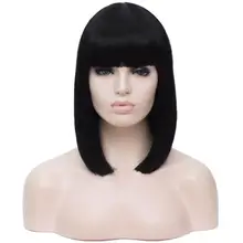 Синтетические волосы 14 дюймов черные прямые парики челки синий золотистого цвета, цвета: красный, зеленый, фиолетовый, коричневый Косплэй парик для женщин