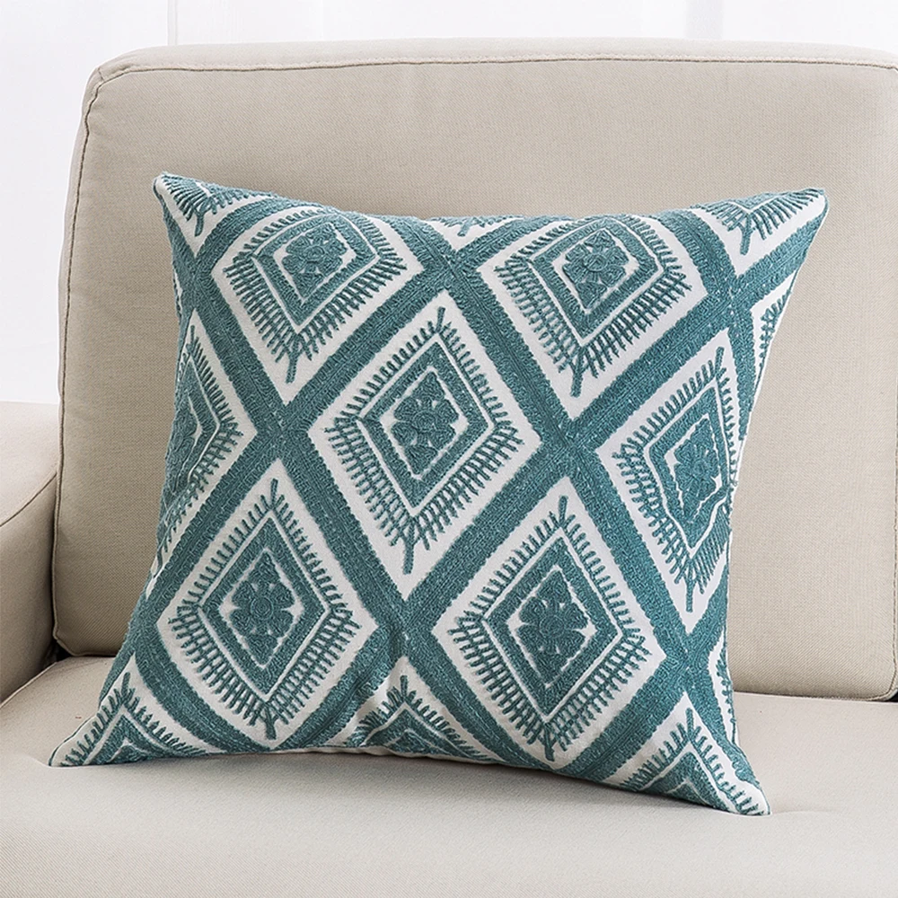45X45CM Embroidered Cushion Cover Cotton Canvas Square Pillow Cover Geometry Pattern Pillowcase 1PC Flower Pillowcase Polyester