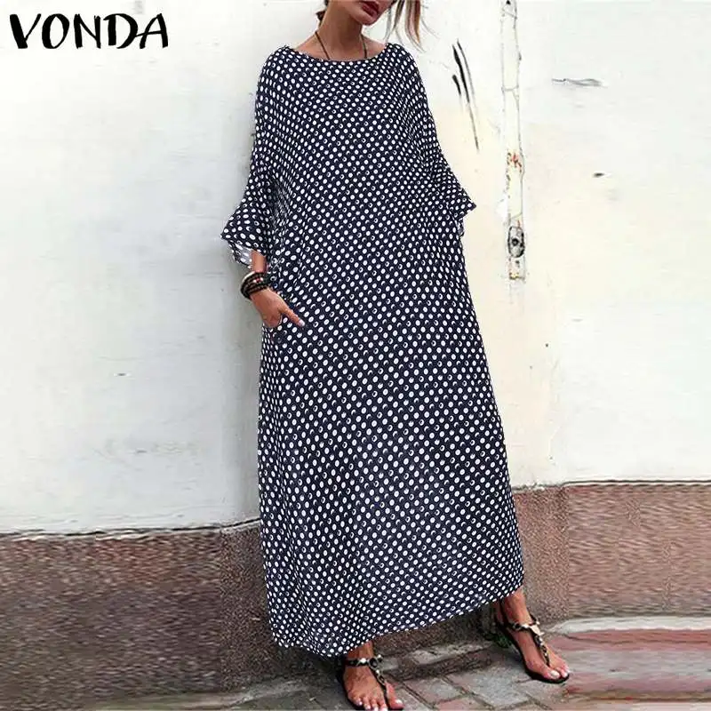 VONDA, сексуальное длинное платье с расклешенными рукавами, женское Повседневное платье с круглым вырезом и принтом в горошек, длинное платье в богемном стиле для беременных, Vestidos Femme Robe 5XL