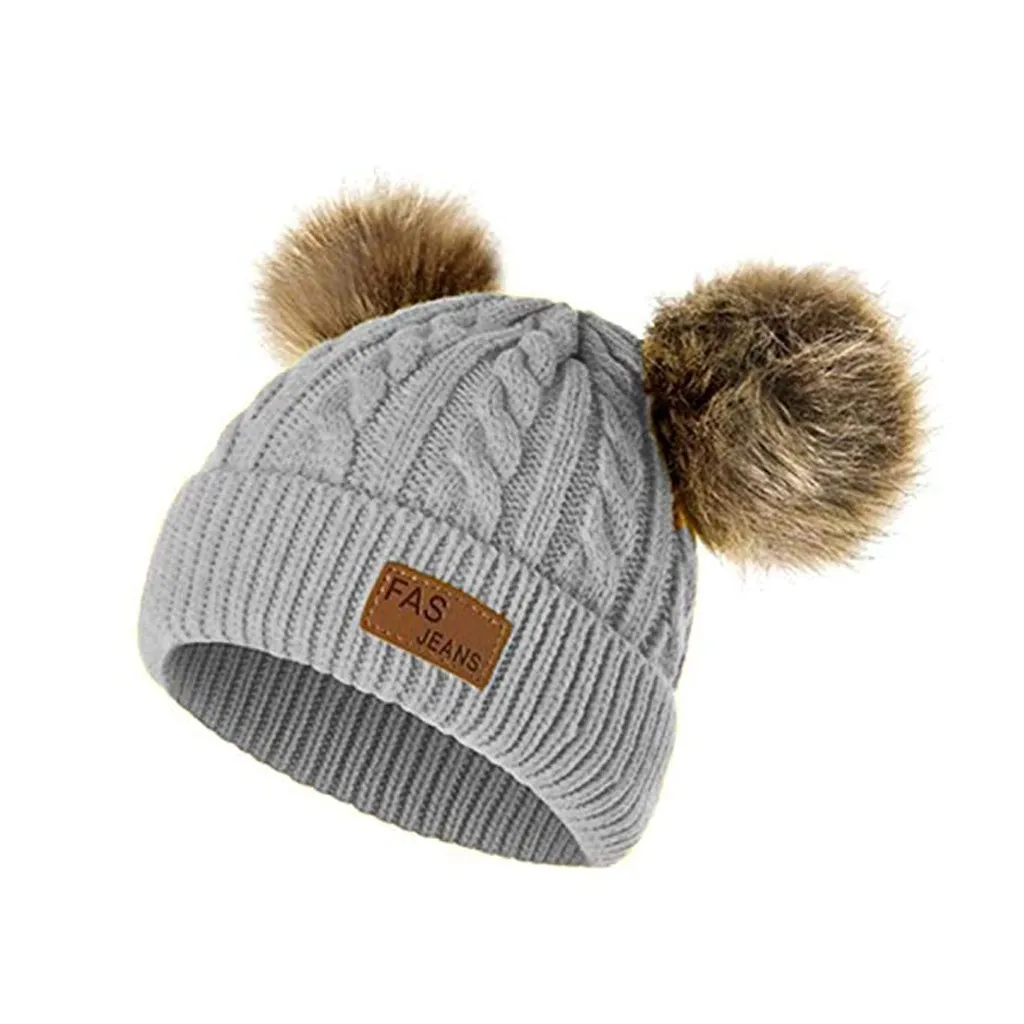 Зимняя вязаная шапка для девочек и мальчиков, милые зимние шапки Kawaii, теплая зимняя вязаная шапка с меховым помпоном для малышей, детская шапочка, новинка - Цвет: Gray