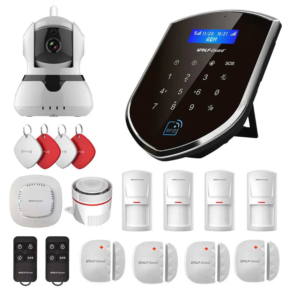 

Wolf-Guard Wireless Home Alarm Security Burglar System GSM 2.4G WIFI Main Host with 720P IP Camera Door/PIR Motion Detector