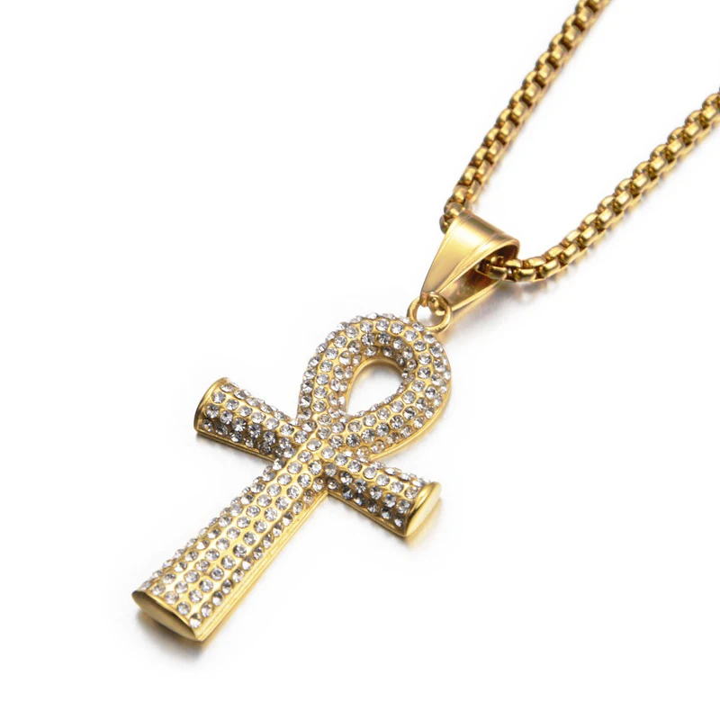 Egyptian Iced Out Ankh Cross Pendant Necklace For Women Men Gold Color Stainless Steel Chains Hiphop Ancient Egypt Jewelry | Украшения и
