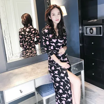 

Dress Wrap Home Summer Woman Maple Leaf With Long Neck Polyester Fibers (polyest Office Lady Print