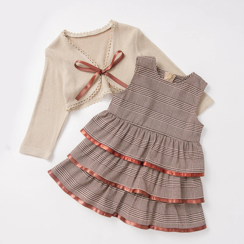 New Plaid Fall Princess Dress + Kids Jackets For Girls Suit Sets For Girls Kids Clothing Set Toddler Fall Clothes Baby Girl Suit