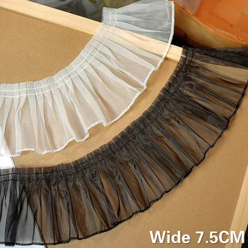 

7.5CM Wide Luxury White Black Pleated Tulle Organza 3d Lace Collar Ruffle Trim Embroidered Fringe Ribbon Dress Sewing Material