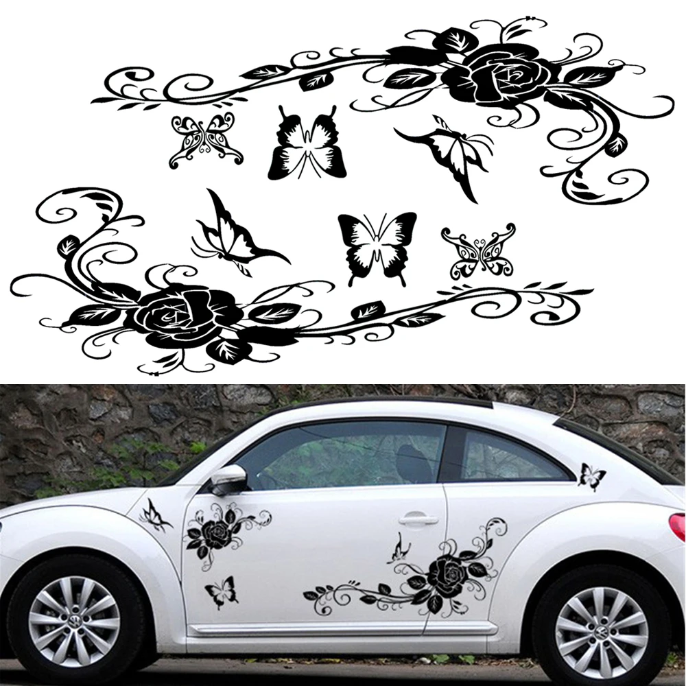 150CMBlackPVCCarStickerDecalsButterflyLoveFlowerRoseTotem