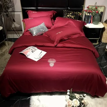 

Egyptian Cotton Down Duvet Cover Wine Red Blue Gold Bed Sheet Queen King Size 4Pcs Embroidery Chic Bedding Set Comforter Cover