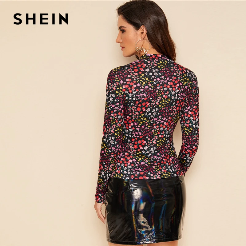 SHEIN, многоцветная Футболка с воротником-стойкой и цветочным принтом, Женская Осенняя футболка с коротким рукавом, офисные женские эластичные облегающие футболки