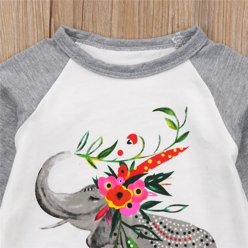 Осенне-зимняя детская одежда для маленьких девочек эксклюзивные хлопковые футболки Одежда для девочек с принтом слона и длинными рукавами