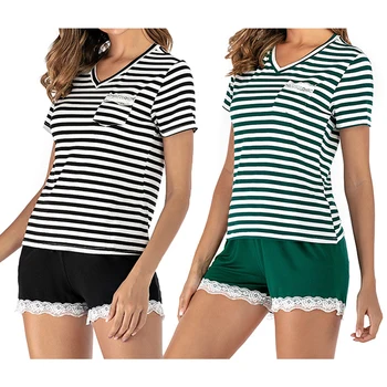

Women V Neck Sleepwear Solid Smooth Home Soft Lace Summer Stripes Print Pajama Short Set Hotel Sexy Bedroom