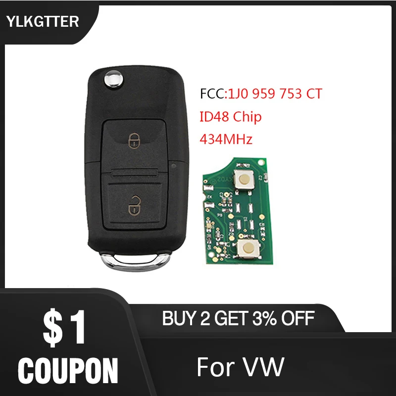 YLKGTTER 1J0 959 753 CT дистанционный ключ для VW/Volkswagen Bora Polo Golf 4 MK4 транспортер 434 МГц с чипом