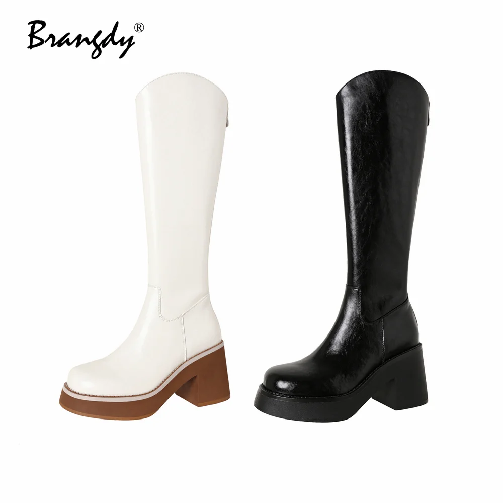 Brangdy Genuine Leather Women Knee Hight Boots Fashion Square Heels Women Shoes Round Toe Zipper New Women Winter Knight Boots