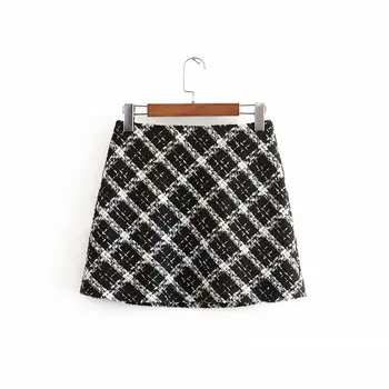 

Women Elegant Tweed Plaid Mini Skirt Back Zipper Office Wear Female Casual Stylish Chic A Line Skirts