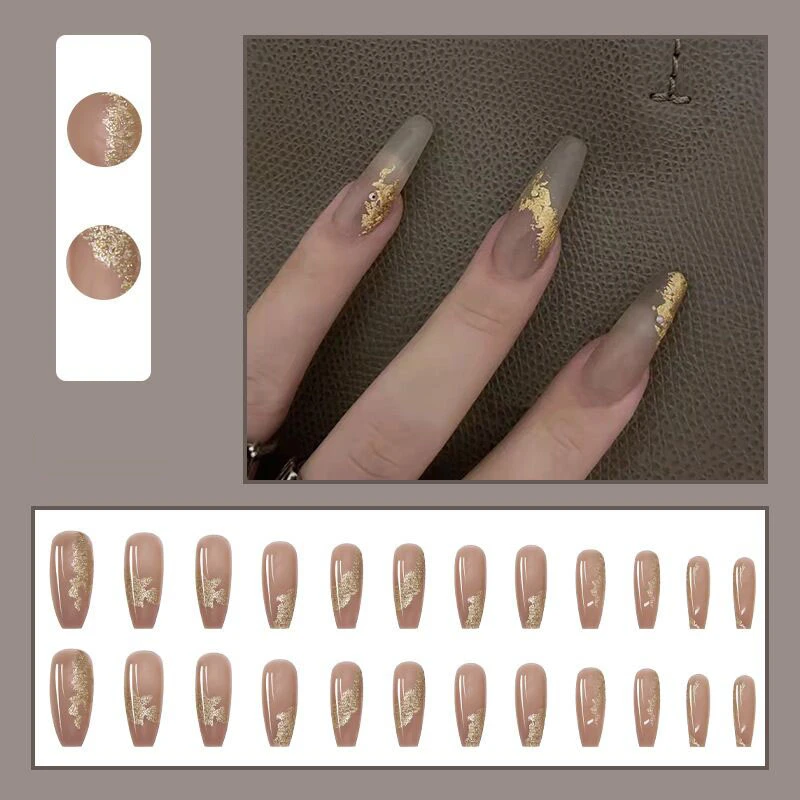 Uñas postizas de Ballet, uñas acrílicas irregulares de brillo dorado,  extraíbles, de invierno, 24 piezas|Uñas postizas| - AliExpress