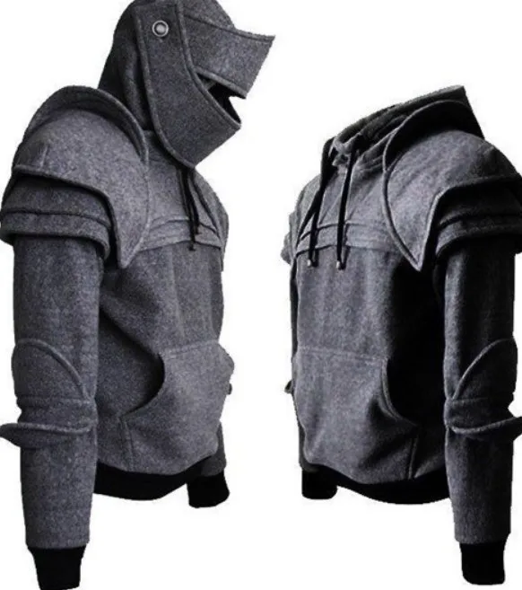 E-BAIHUI винтажный средневековый рыцарь мужские толстовки воин-солдат толстовка с капюшоном мужская маска Броня пуловер косплей костюм топы - Цвет: Серый