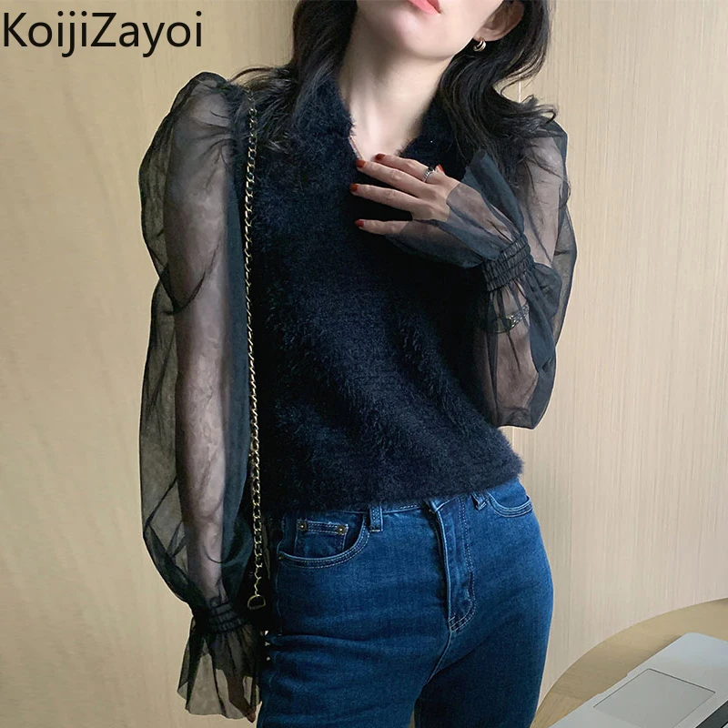 Офисная Женская Элегантная блузка Koijizaoi в стиле пэчворк однотонная тонкая модная