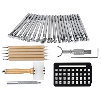 

HOT-28PCS Leather Embossing Tools Manual Craft Carving Kit Stamps Set DIY Punch Wooden Hammer Embossing Beveler Tools Kit