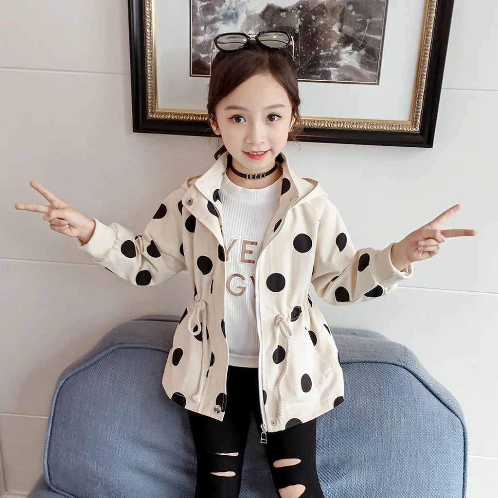 

Fashion Girls Jacket Spring Autumn Hooded Coat Kid Windbreaker Jacket Waist Rope Polka Dot Toddler Kids Jacket Outerwear Clothes