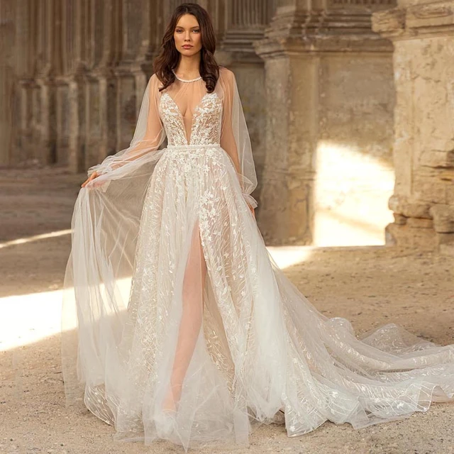 Fora do ombro princesa vestido de casamento renda appliqued com tule vestido  de noiva branco marfim praia vestido de noite mais tamanho - AliExpress