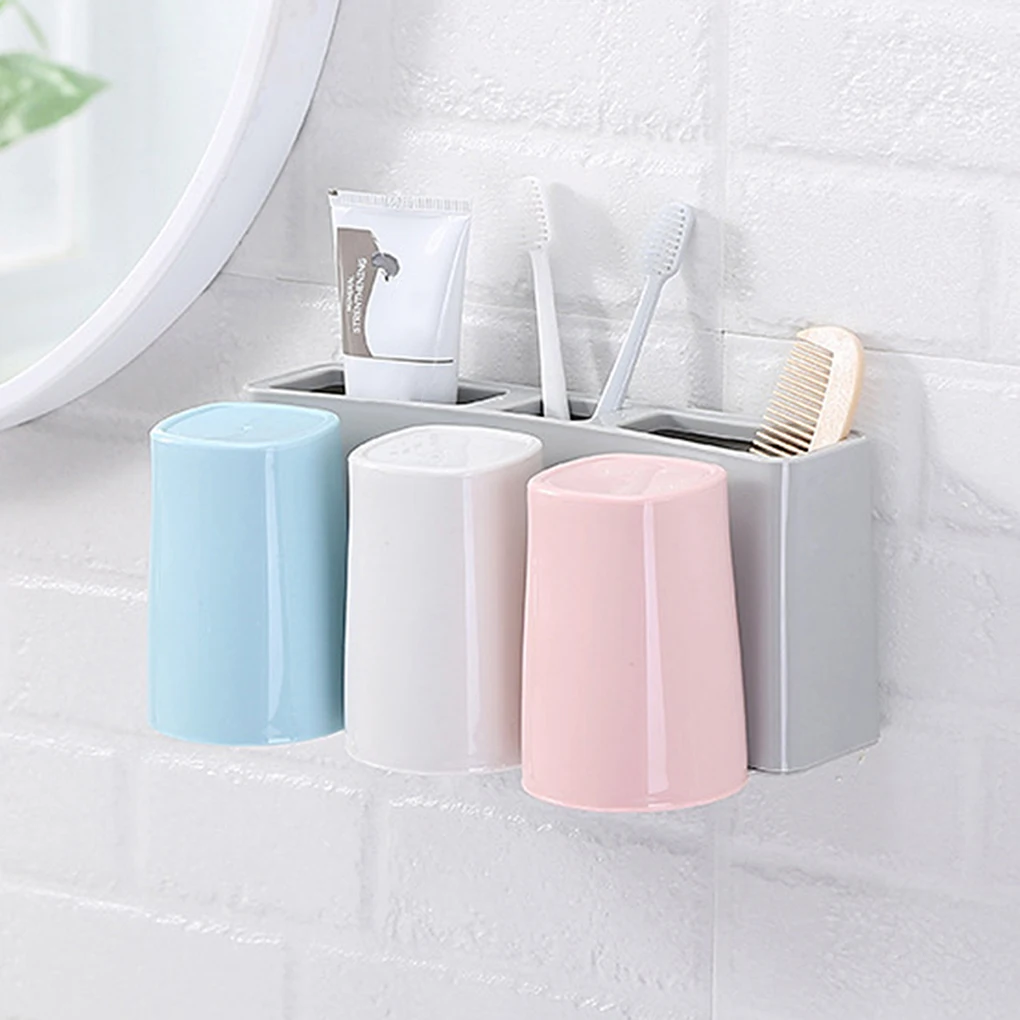 Toothpaste Dispenser Dust-proof Toothbrush Holder with Cups No Nail Wall Stand Shelf Bathroom Organizer Hand Free Brush Holder