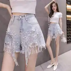 Calça jeans feminina de cintura alta com franjas, calça curta para mulheres, primavera e verão, com franjas de diamante