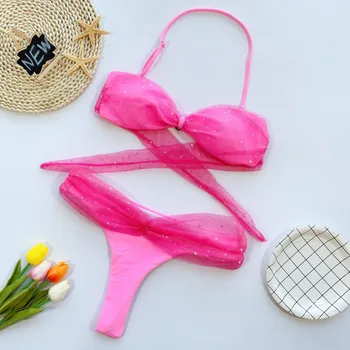 

Bikini Women Solid color bow mesh sequin strap Bathing Suit
