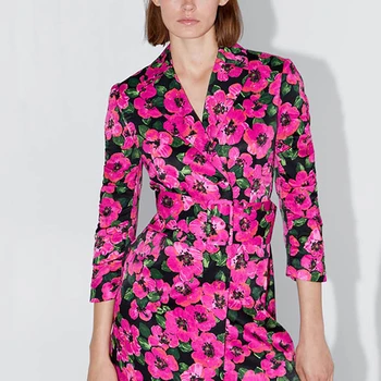 

ladies women blazer mujer vintage pink floral print long blazer boho sashes long sleeve korean women blazers and jackets