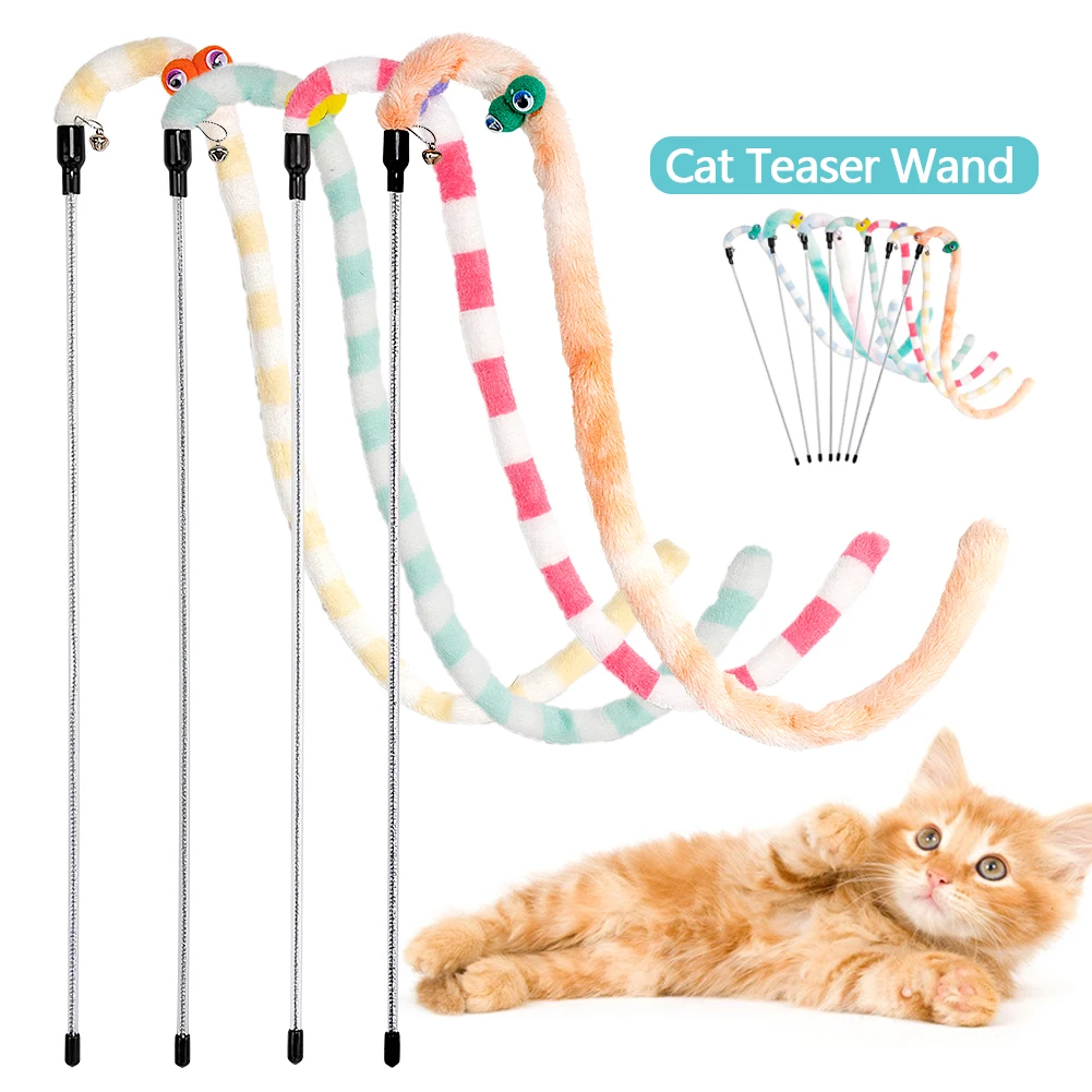 Colorful Rainbow Strap Rod Cat Teaser Wand Interactive Stick Pet Kitten Play Toy 
