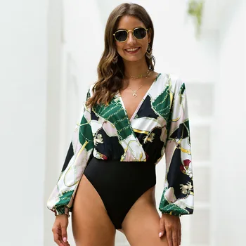 

Fashion Deep V-Neck Patchwork Sexy Bodysuit Women's Printed Long Sleeve Loose Bodysuits Spring Autumn Casual Jumpsuit Streetwear