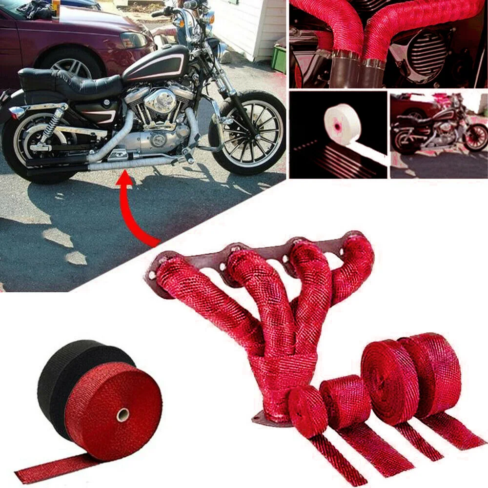 Motoforti 2 x 16ft Red Exhaust Heat Wrap Tape Exhaust Muffler Pipes Fiberglass Tape Set for Motorcycle 