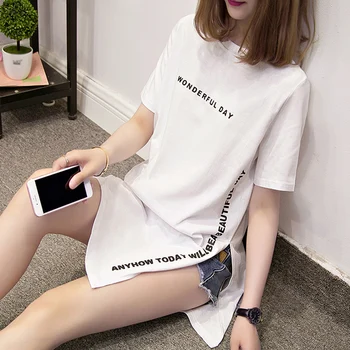 

Plus size WONDERFUL DAY Print Long T shirts Summer Women Loose Slit Femme Tops Cotton Tshirt Short sleeve Ladies t-shirt