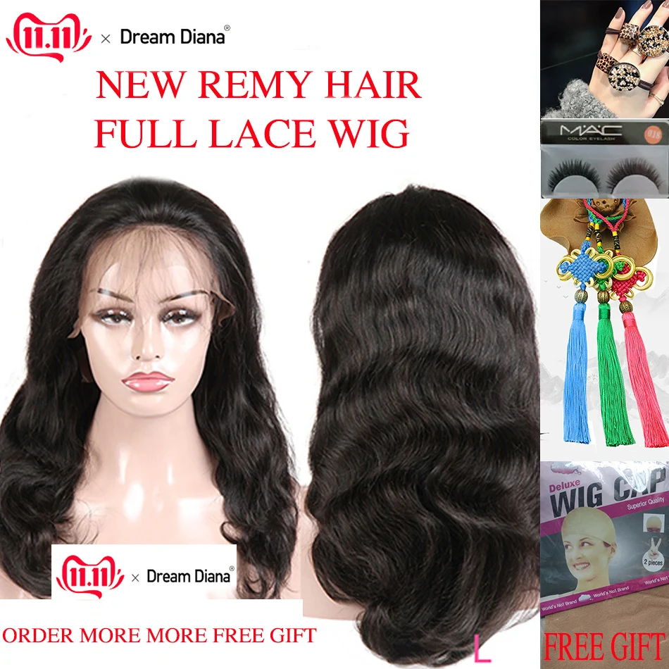 DreamDiana бразильский Full Lace парики для черный Для женщин из швейцарского кружева для парика Волосы remy тело волна Full Lace человеческих волос