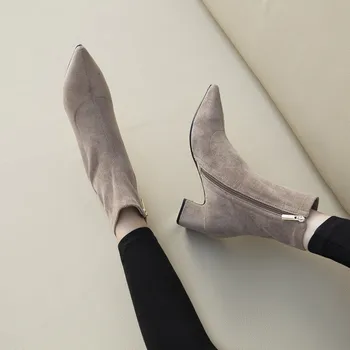 

Spring Autumn new Women Boots Pointed Toe Yarn Elastic Ankle Boots Kid suede Thick Heel Shoes Female Socks Boots bota feminina