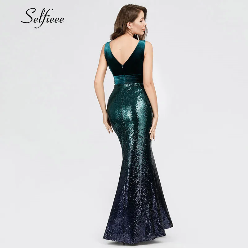 Сексуальные вечерние платья для женщин Vestidos De Fiesta Новая мода Русалка v-образный вырез бархатные весенние платья блестящие пайетки облегающее платье