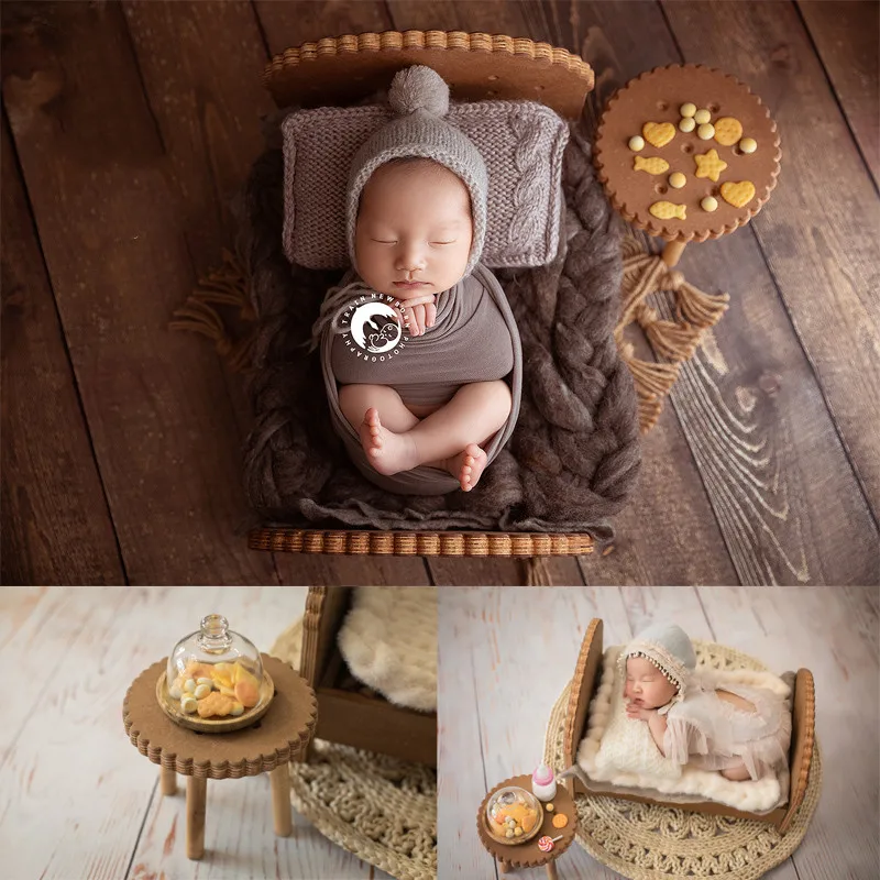 baby-photography-props-wooden-biscuit-bed-small-table-dessert-mini-props-full-moon-baby-posing-props-sweet-decorations