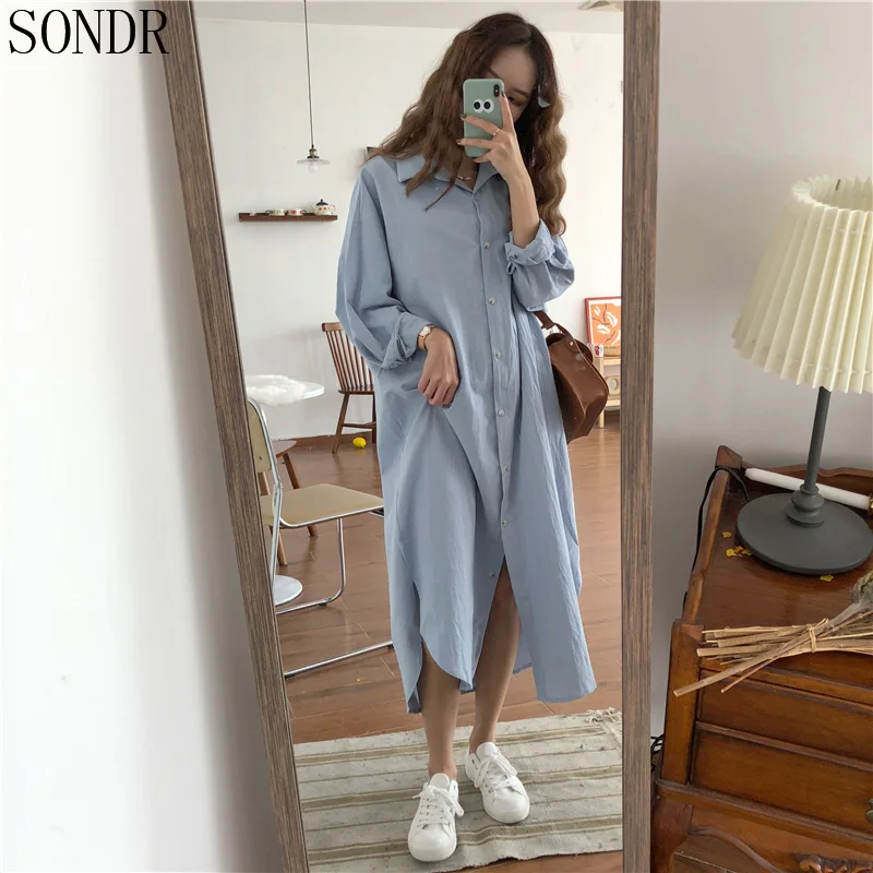 

Casual Chic Single-Breasted Women Dress Loose Turn-Down Collar Female Dress 2020 Autumn New Full-Sleeve Long Vestidos Femme Robe