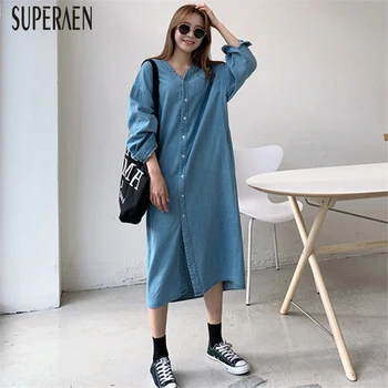 

SuperAen Europe Denim Long Shirts Women Spring and Autumn 2020 New Fashion Ladies Blouses Pluz Sized Women Clothing