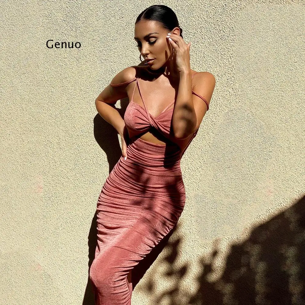 

Spaghetti Strap Hollow Out Velvet Sexy Summer Dress Strapless Sleeveless Ruched Party Dress 2021 Solid Clothes