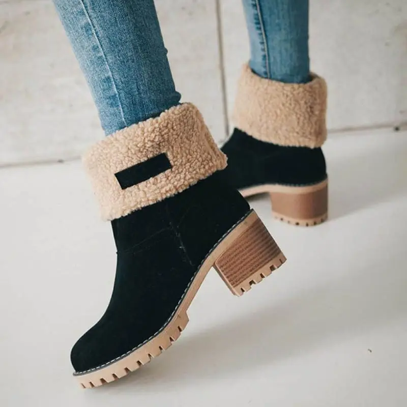 Cena Śniegowce damskie zimowe buty botki zamszowe damskie Botas Mujer Invierno 2020 ciepłe futro Slip On Square obcasy platformowe buty