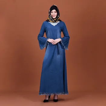 

Middle East Embroidered Beaded butterfly sleeve tasseled jean dress Muslim women's gown long muslim dress dubai kaftan
