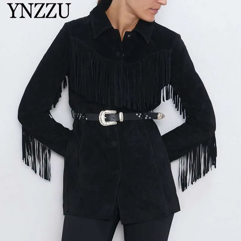 

Black Women tassel Faux leather jacket 2019 New arrival With belt Long sleeve Female Outwear Coats Loose Fashion YNZZU 9O034